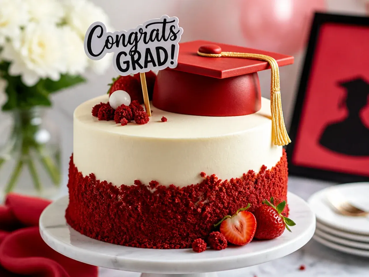 A red velvet cake with cream cheese frosting, vertical striped sides and a fondant tassel on top