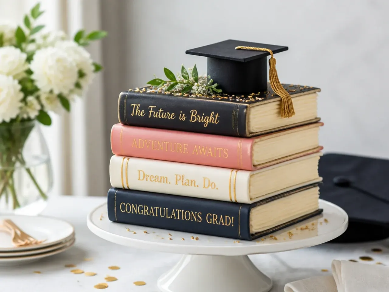 A carved cake shaped like a stack of colourful books with a fondant graduation cap on top