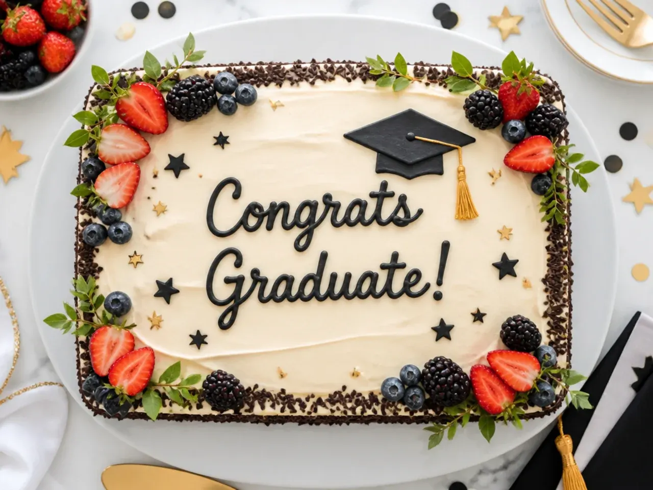 A sheet cake with a graduation cap design piped directly onto the surface in buttercream