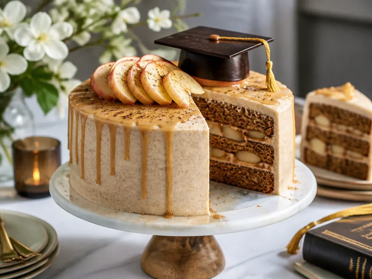 A spiced apple cake with a caramel drizzle finish on a rustic wooden cake stand