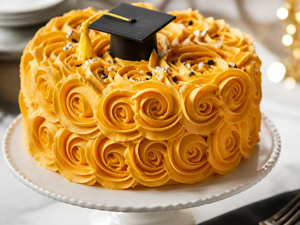 A cake fully covered in overlapping buttercream rosettes in two shades of blue