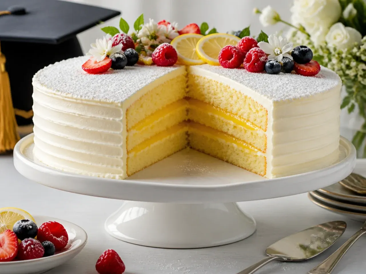 A sliced cake showing bright yellow lemon curd filling between layers of white sponge