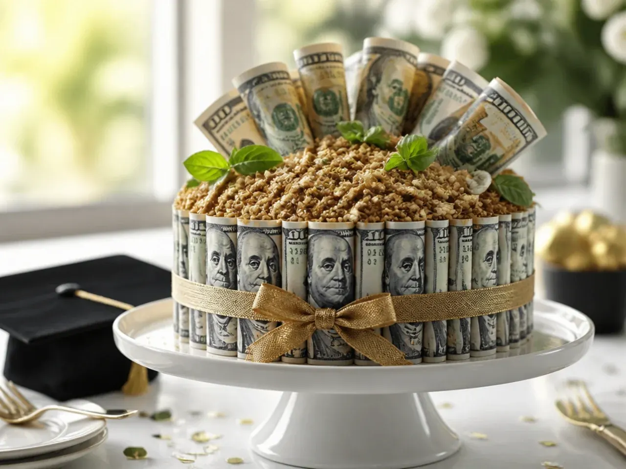 A cake being cut open to reveal folded banknotes hidden inside the cavity