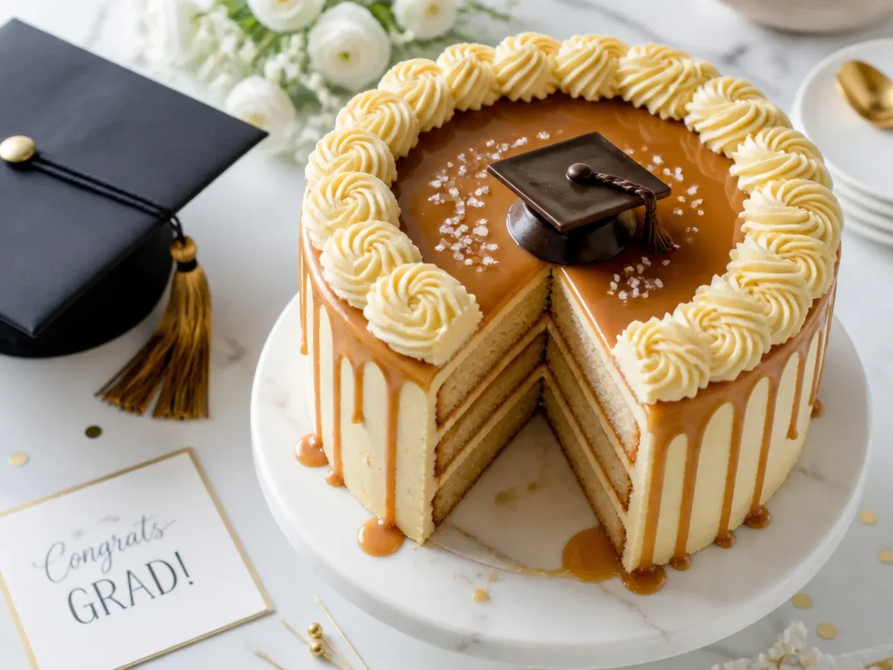 A cake with salted caramel buttercream, a caramel drip and sea salt flakes on top