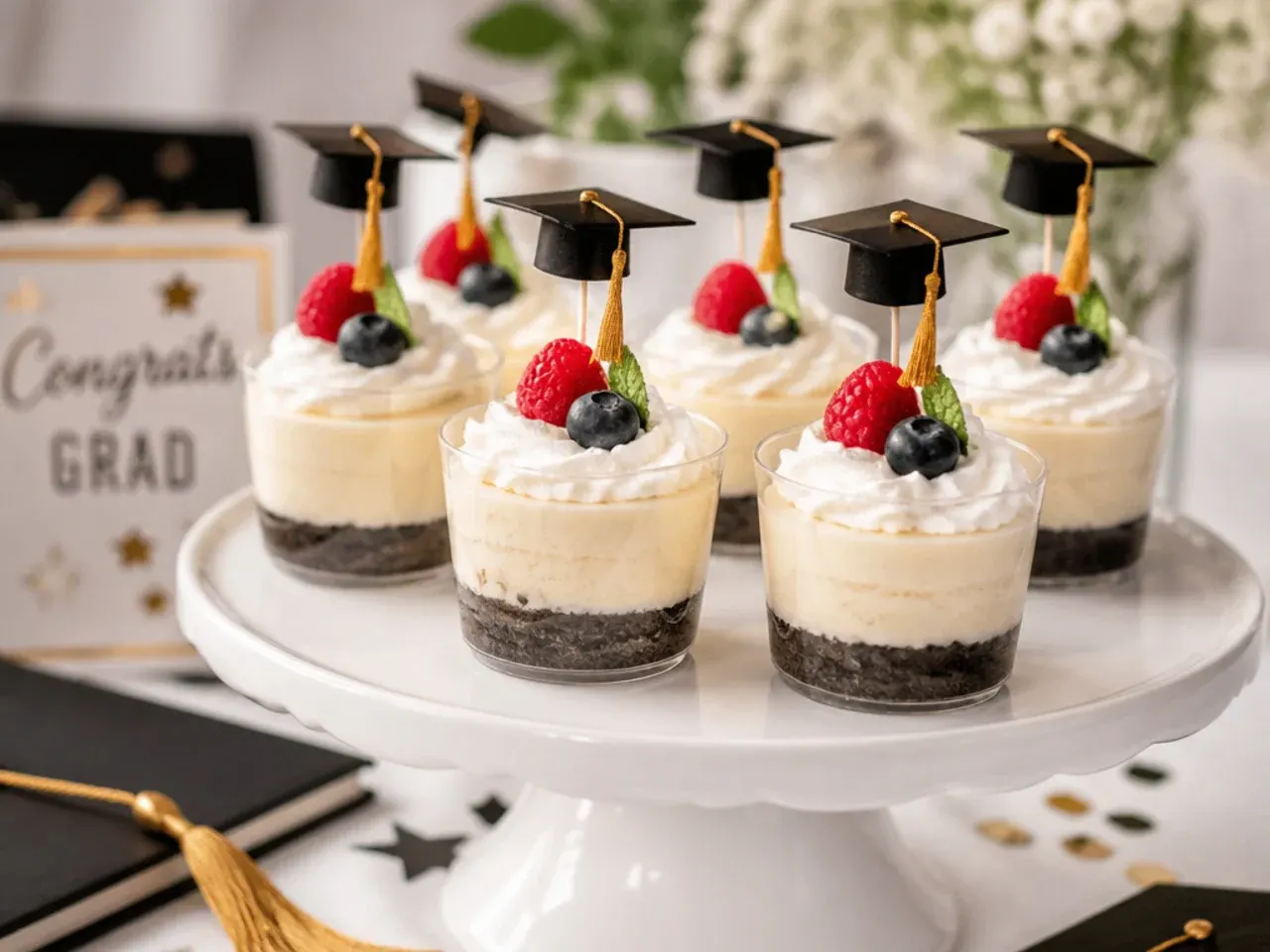 Individual no-bake cheesecake cups topped with mini chocolate graduation cap decorations