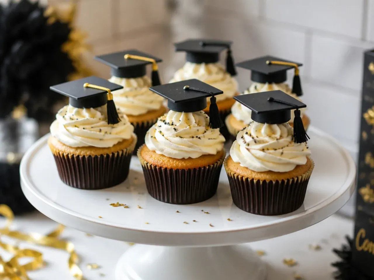 A batch of frosted cupcakes topped with printed paper graduation cap toppers on toothpicks