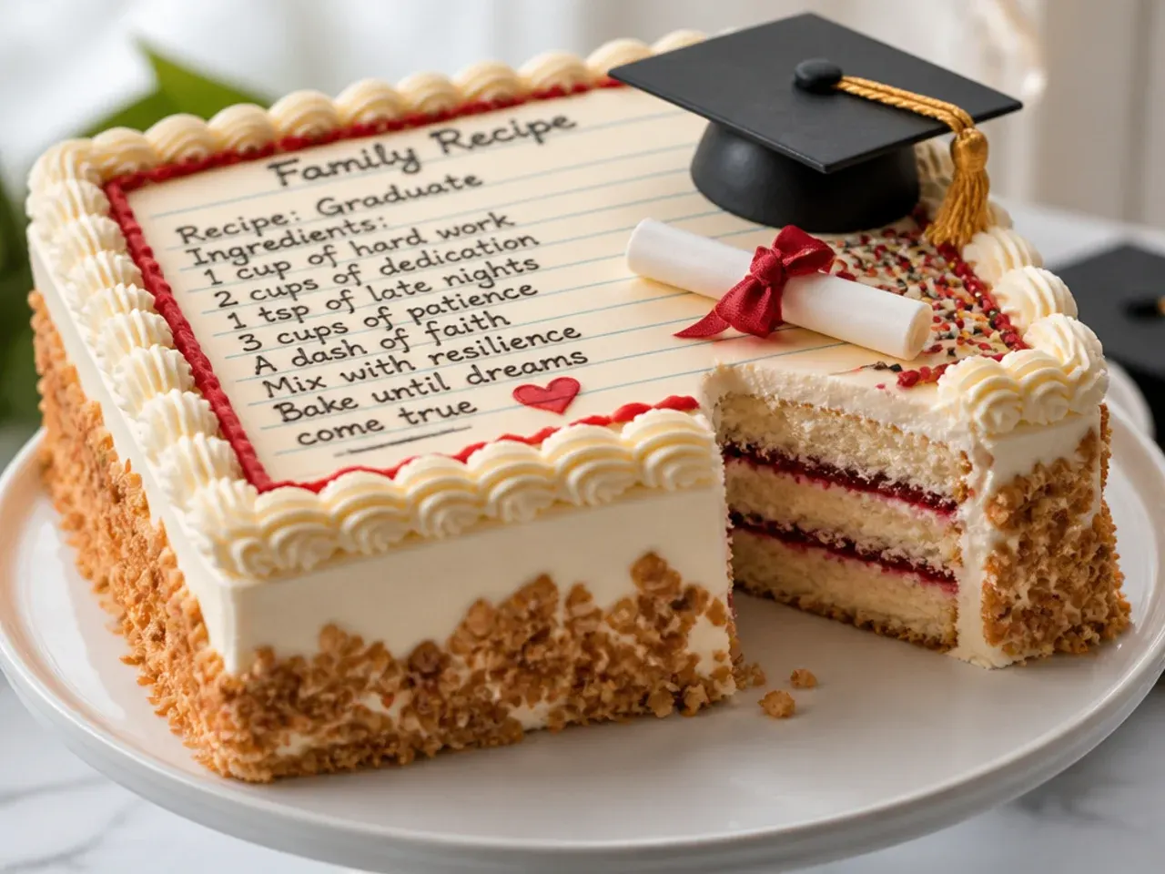 A cake decorated with a piped design resembling a handwritten family recipe card