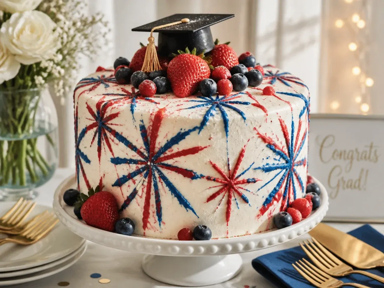A cake with buttercream piped in a colourful firework burst pattern radiating from the centre