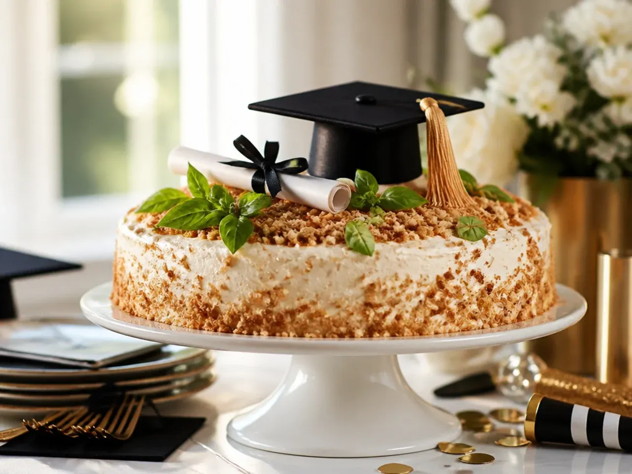 A simply decorated store-bought cake with a fondant graduation cap topper and ribbon around the base