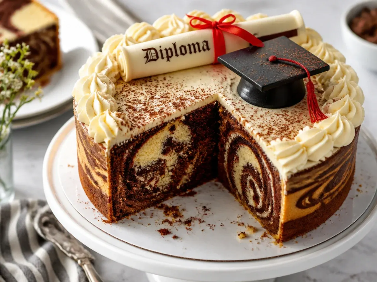 A sliced marble cake showing swirled chocolate and vanilla sponge, topped with a fondant diploma scroll