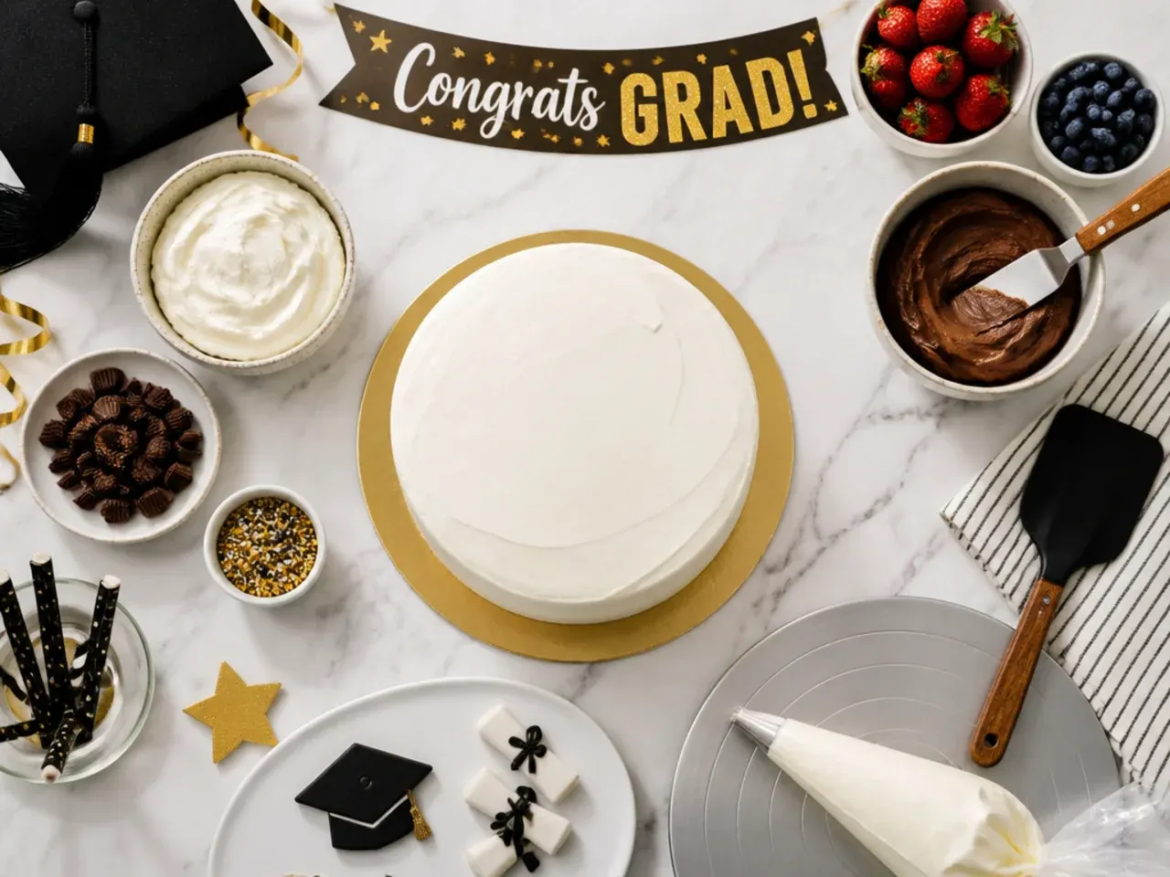 Close-up of a bench scraper smoothing buttercream on the side of a graduation cake