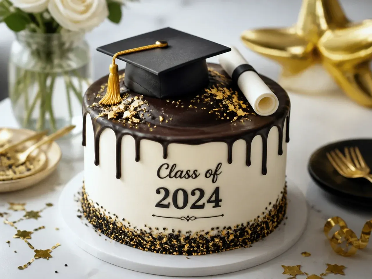 A dessert table set up with a graduation cake, cupcakes and a drinks station