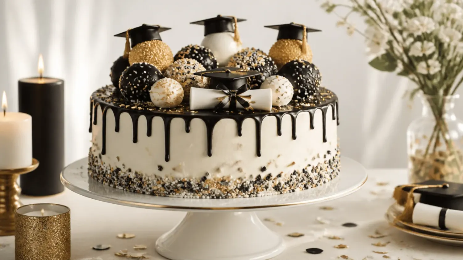 Rows of graduation cake pops decorated as mini mortarboard caps with gold tassels on a display stand