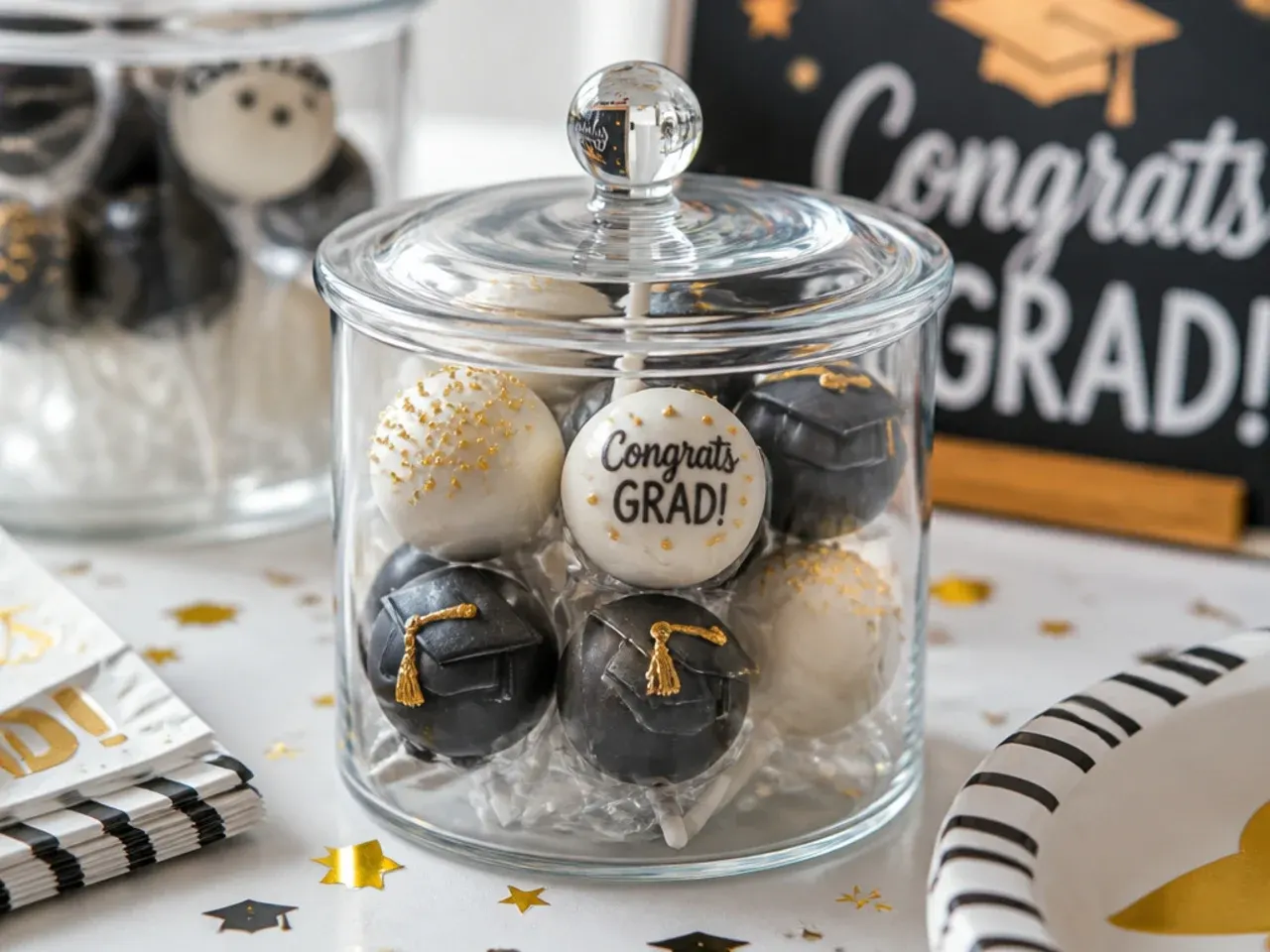 Graduation cake pops stored upright in a lined airtight container ready for a party