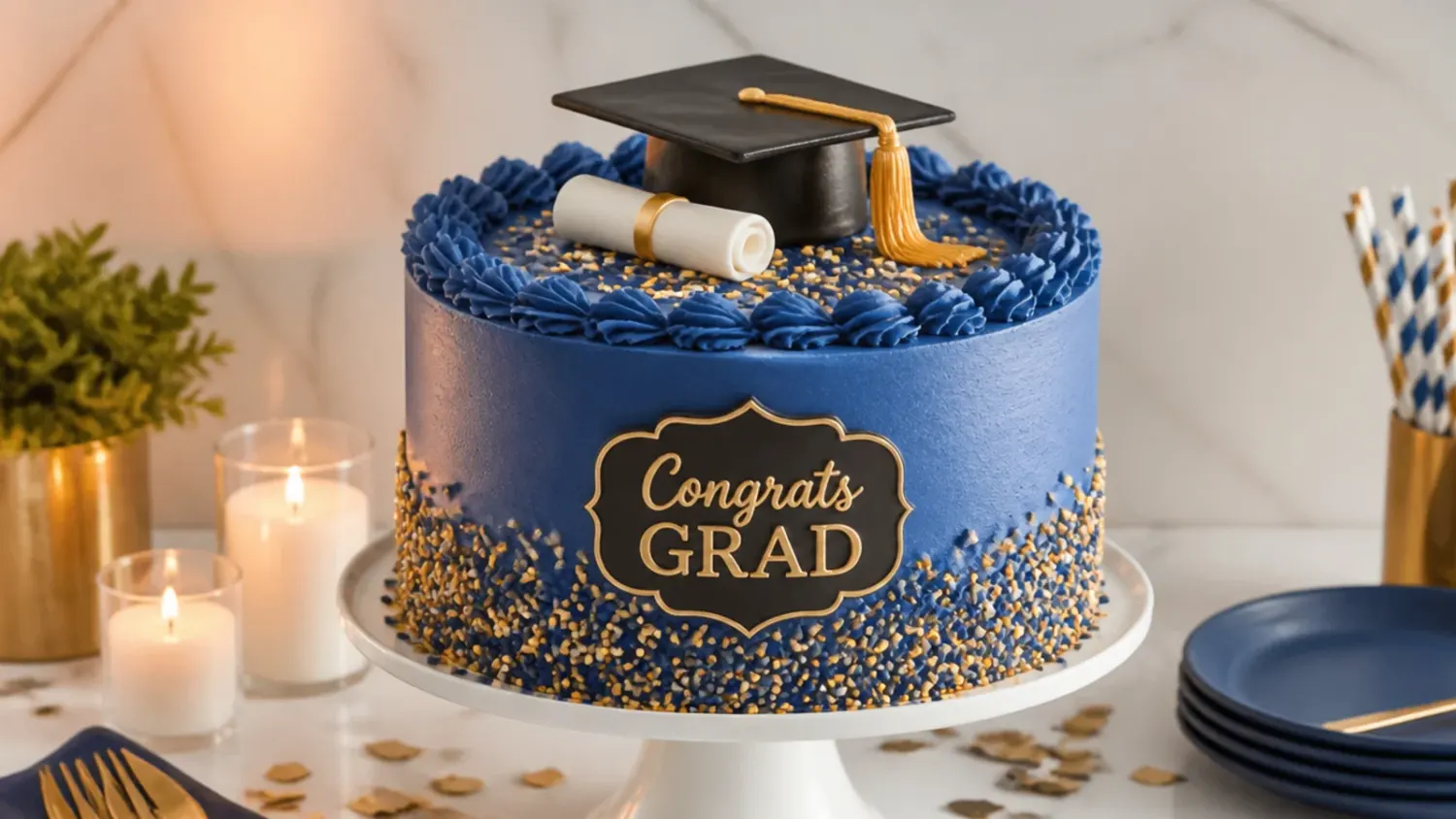 A tiered graduation cake table with cupcakes, cap toppers and a gold backdrop next to a simple single-cake dessert bar