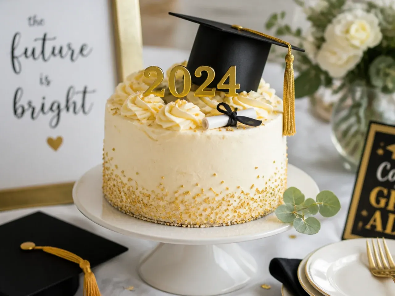 Tiered graduation cake table with cap toppers, risers and a personalised name backdrop