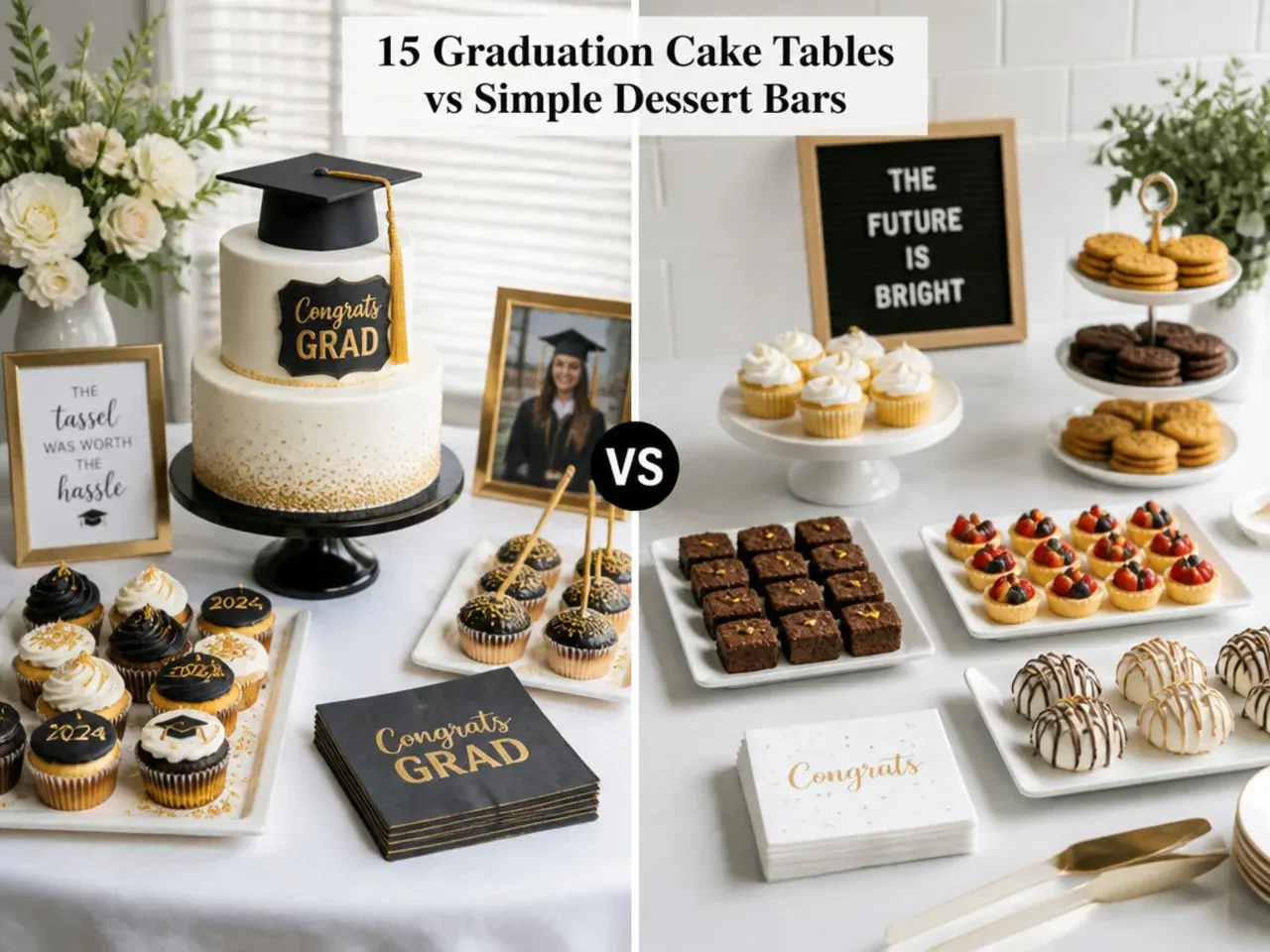 Side-by-side receipts style comparison of graduation cake table costs versus a simple dessert bar