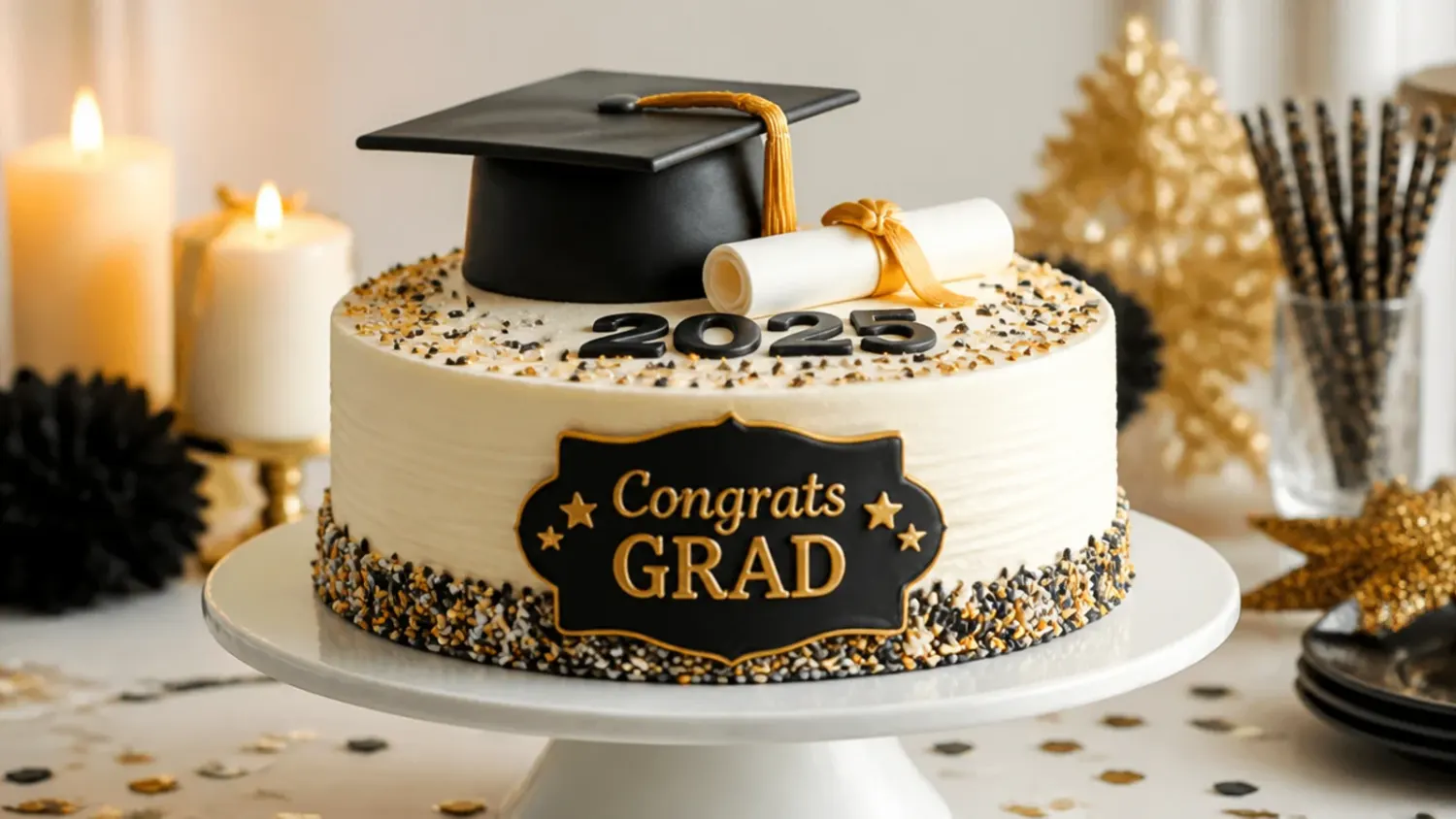 A three-tier graduation party cake topped with a fondant mortarboard cap and rolled diploma, surrounded by matching cupcakes in school colours