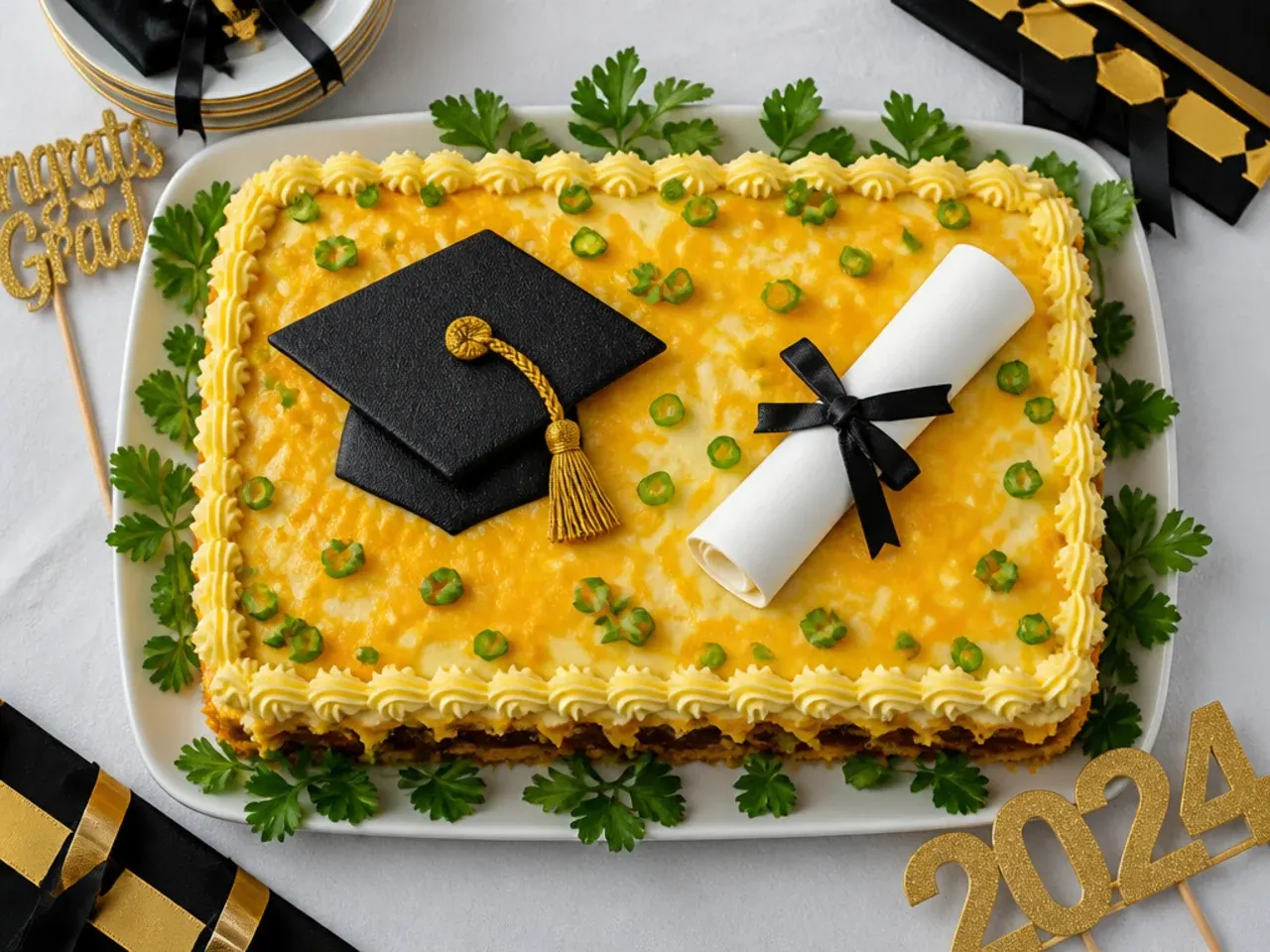 Rectangular sheet cake with a black fondant graduation cap and diploma scroll on white buttercream