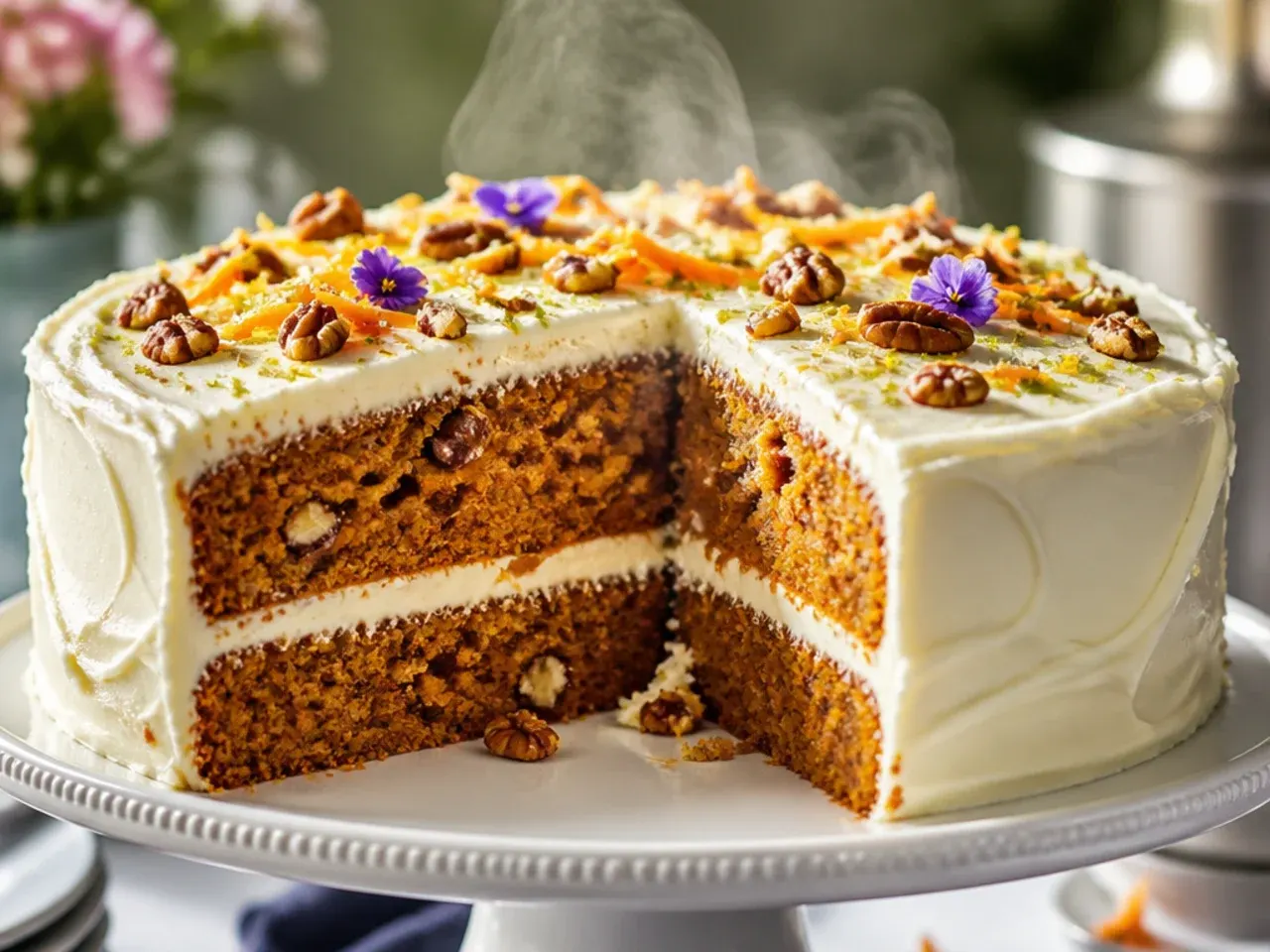 Layered carrot cake with cream cheese frosting and chopped pecans on the sides