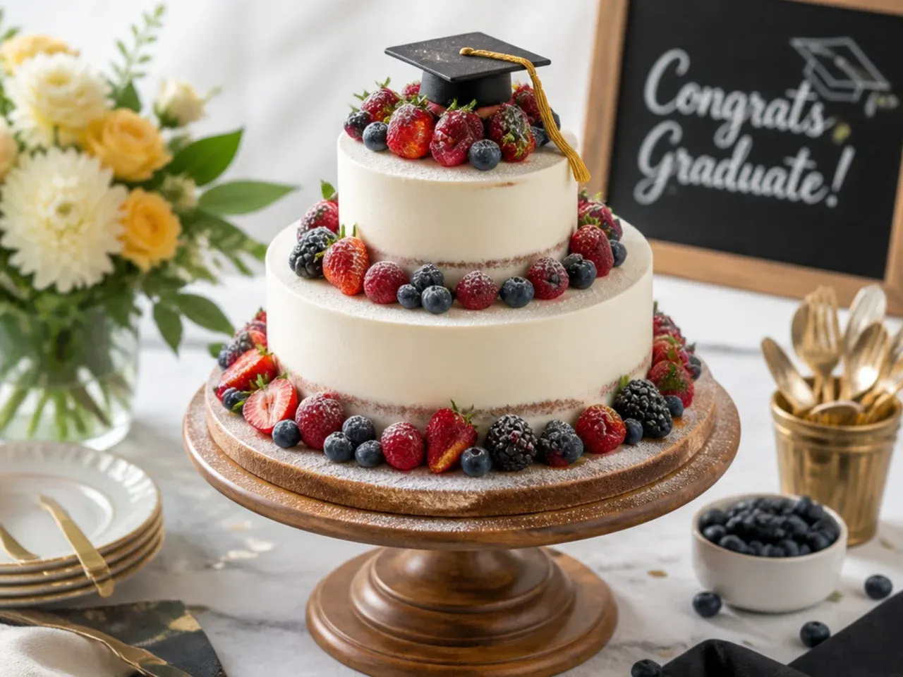 Three-tier round graduation cake in white and navy buttercream on a cake stand