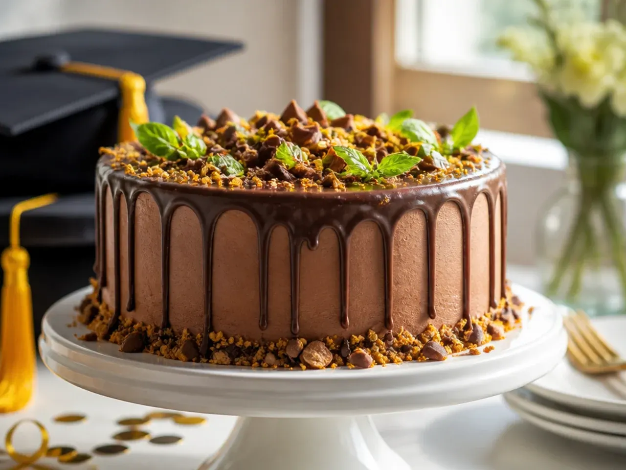 Chocolate drip cake with ganache running down the sides and a small fondant graduation cap on top