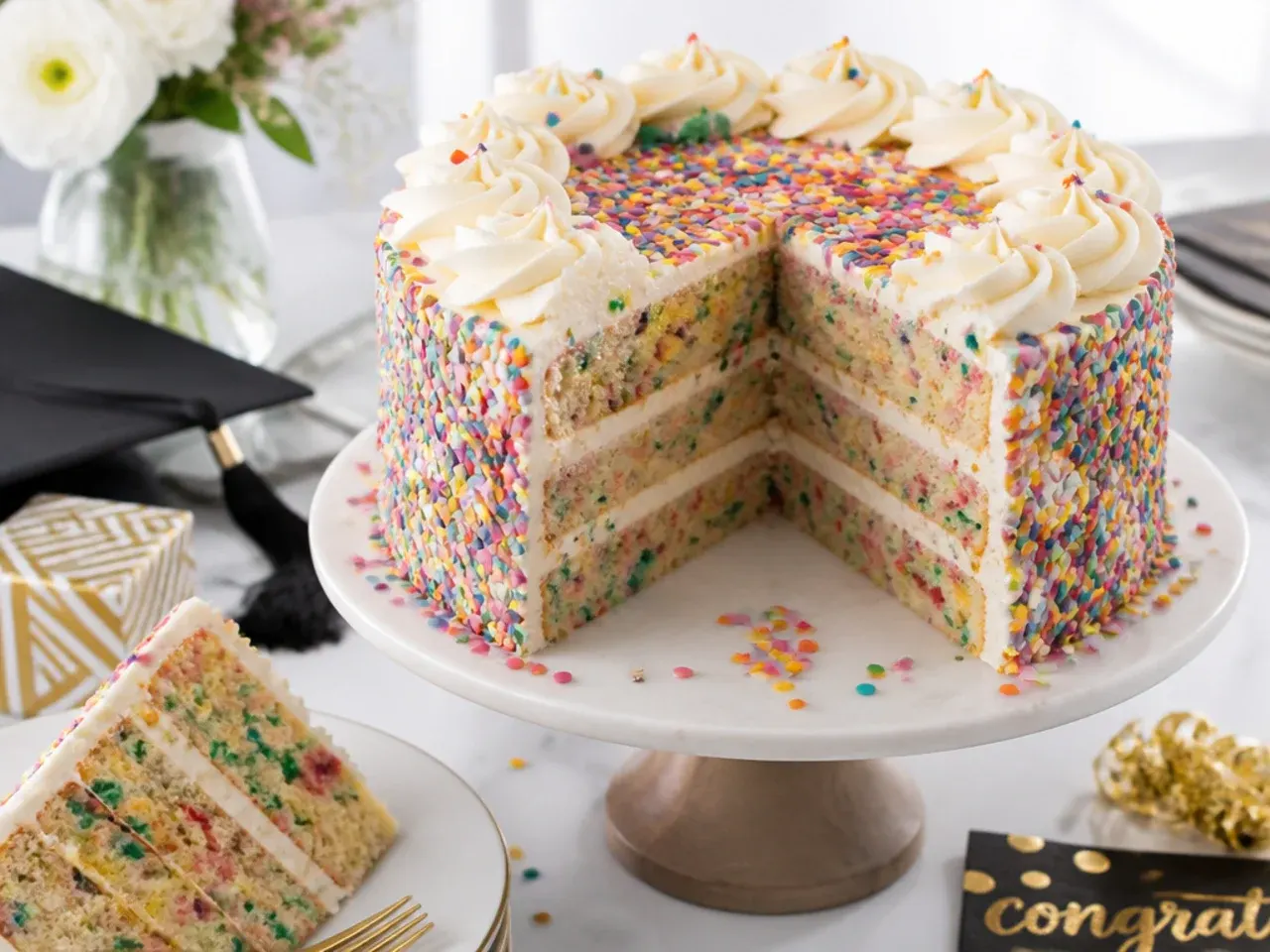 Sliced funfetti cake showing rainbow sprinkles baked through the crumb