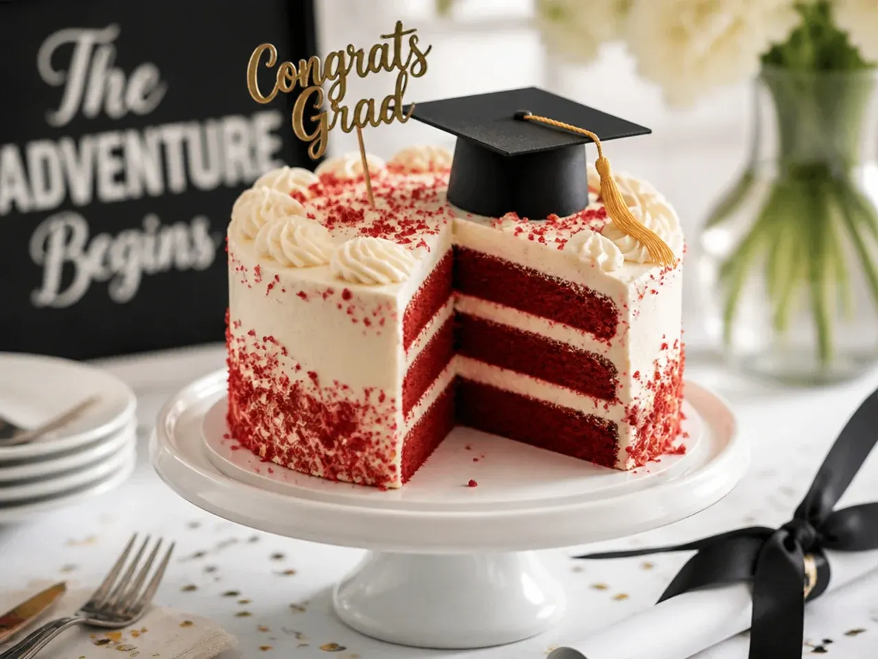 Red velvet layer cake with white cream cheese frosting between the layers