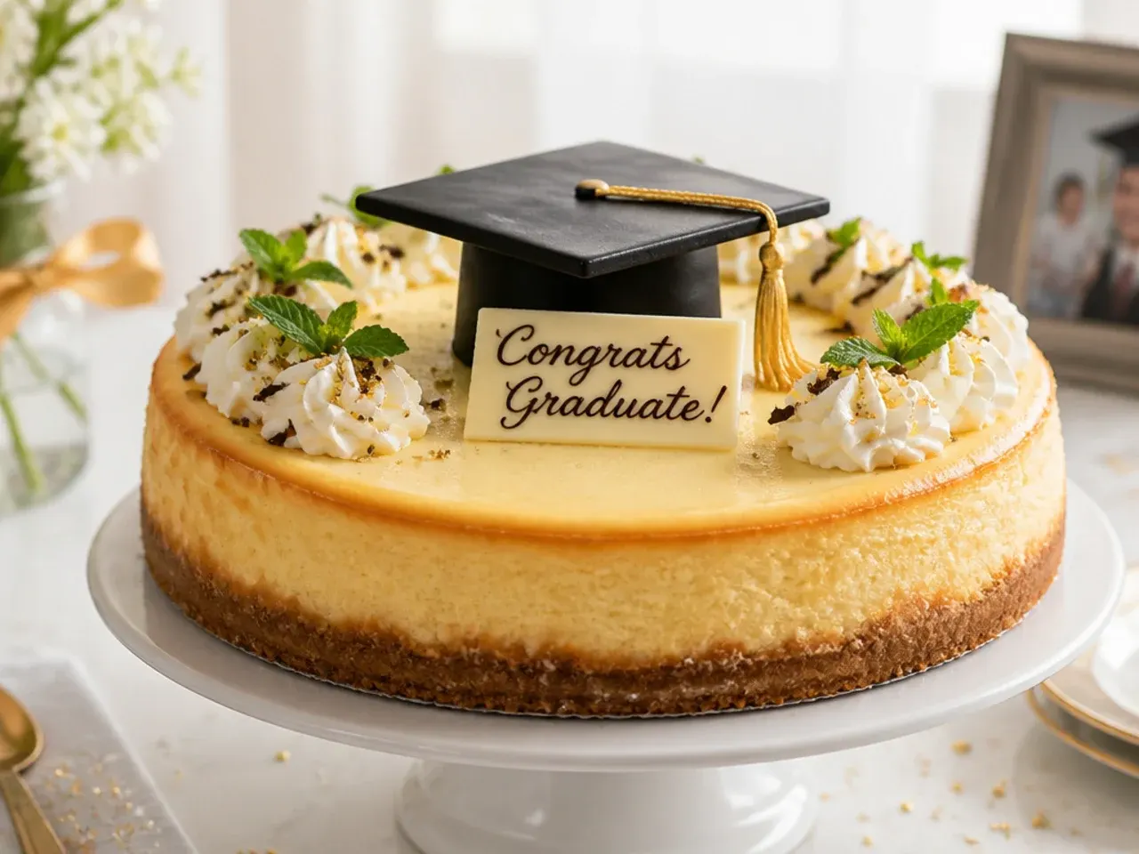 Baked cheesecake on a biscuit base with a small graduation cap decoration on top