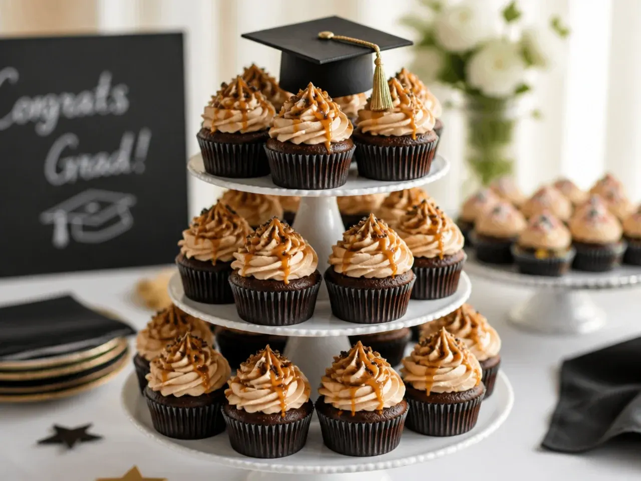 Tiered stand loaded with graduation cupcakes topped with small cap picks