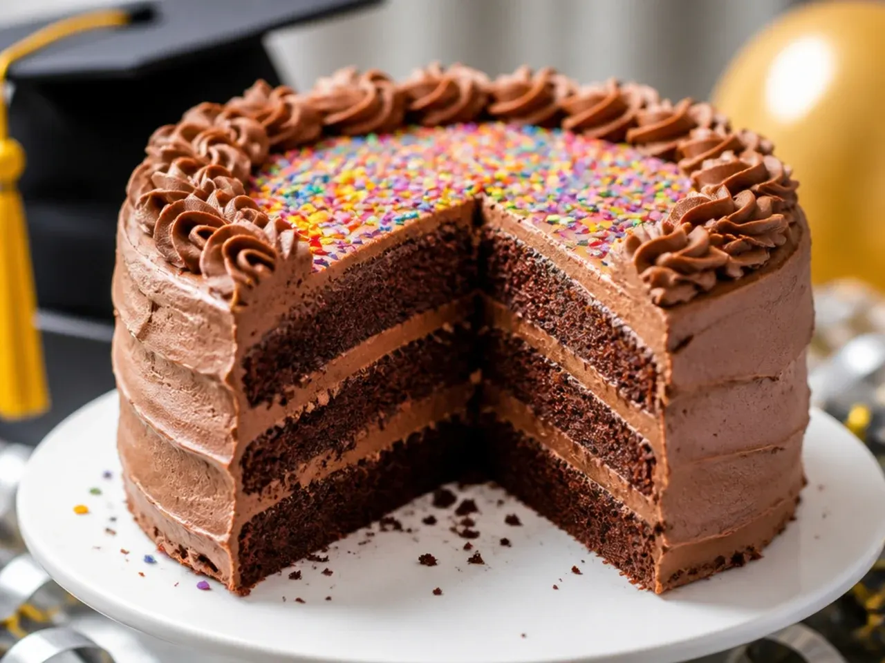 Frozen cake layers wrapped in cling film and foil next to a finished decorated cake