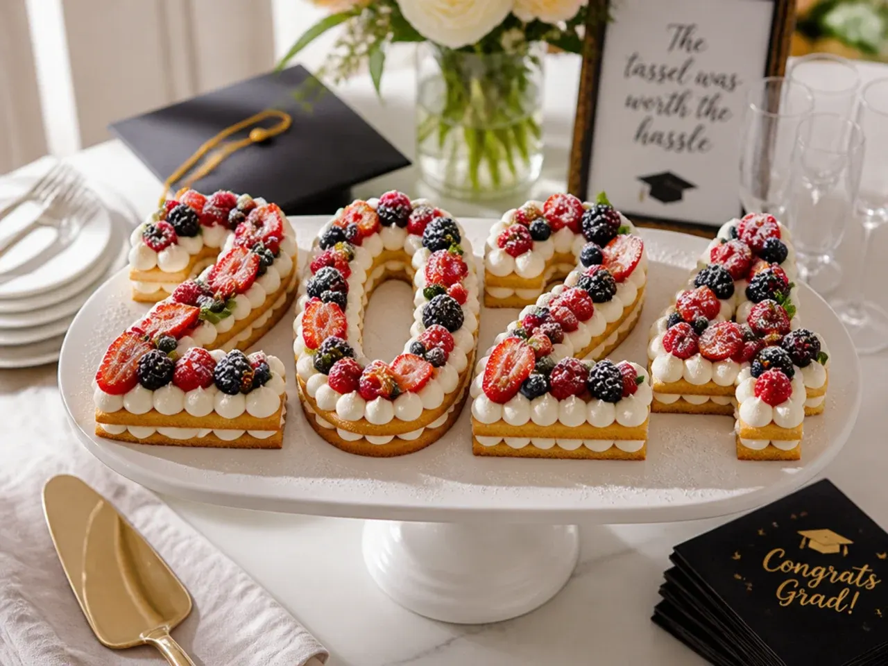 Cake cut and shaped into large numbers representing the graduation year, decorated with fresh berries