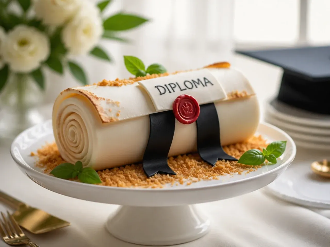 Fondant-covered cake with a hand-sculpted diploma scroll tied with ribbon