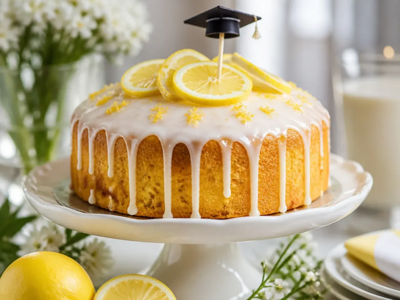 Lemon drizzle cake with a thin glaze and lemon zest garnish