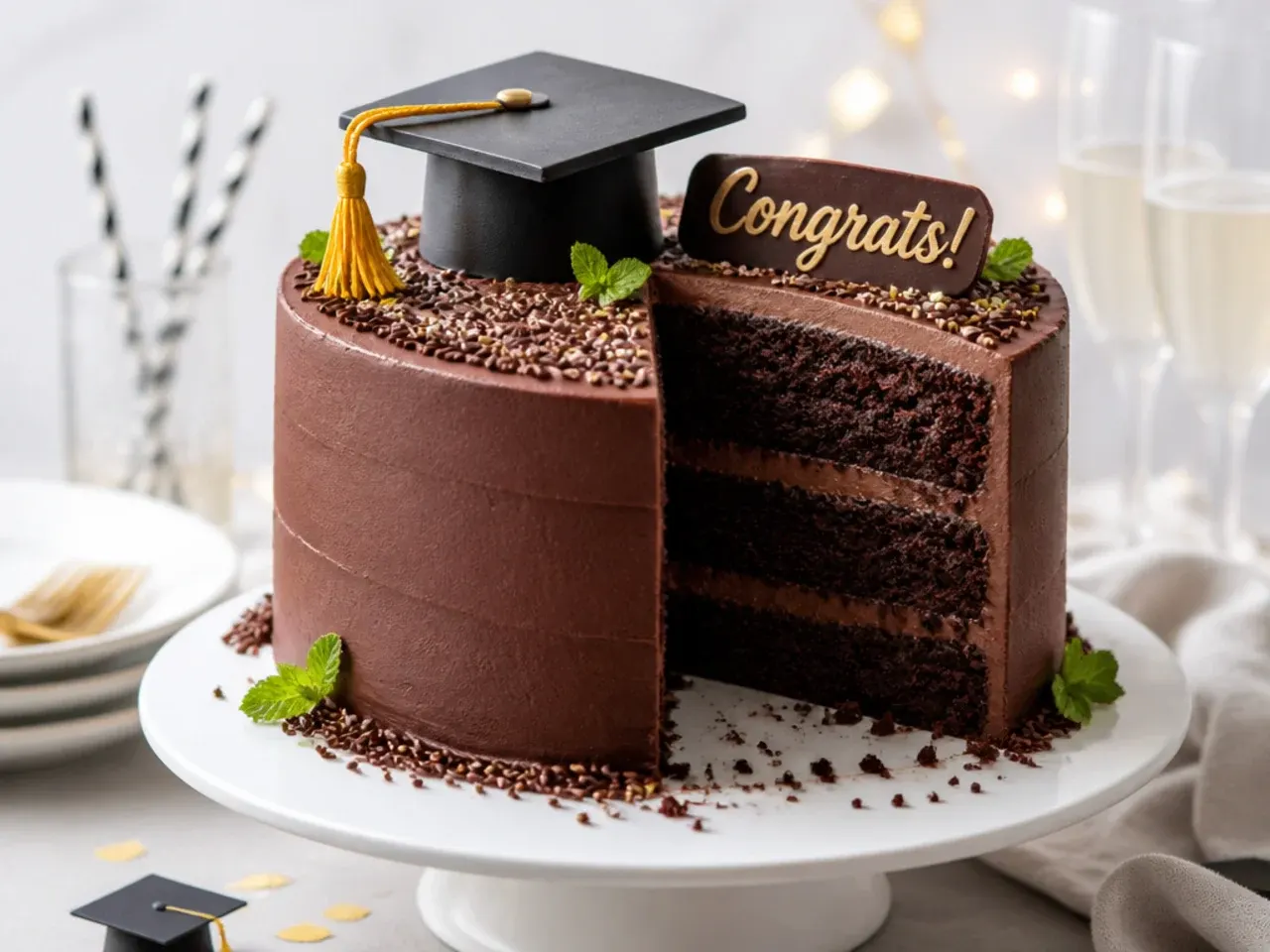 Rich chocolate fudge layer cake with dark chocolate buttercream