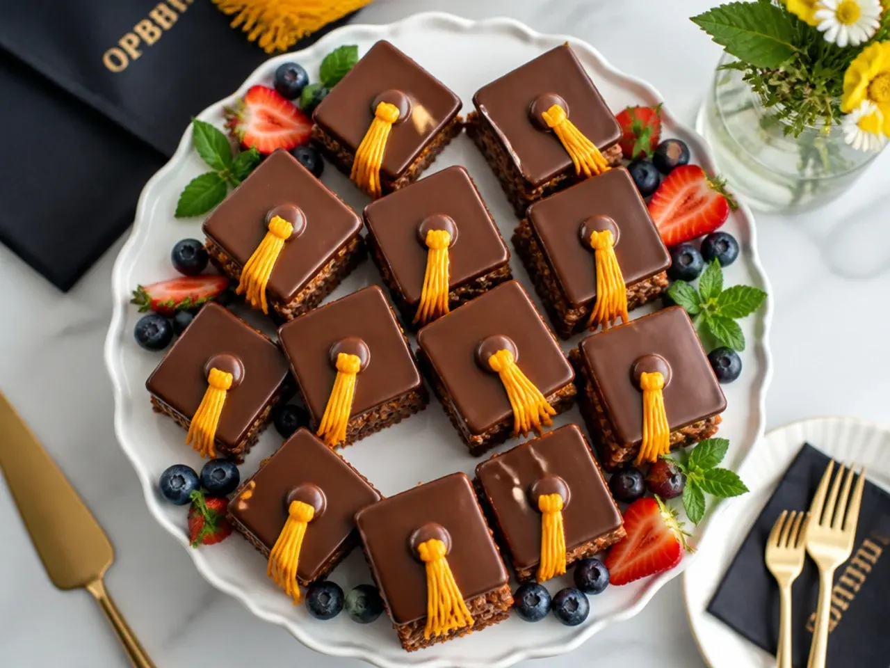 No-bake rice cereal treats shaped and decorated as tiny graduation caps