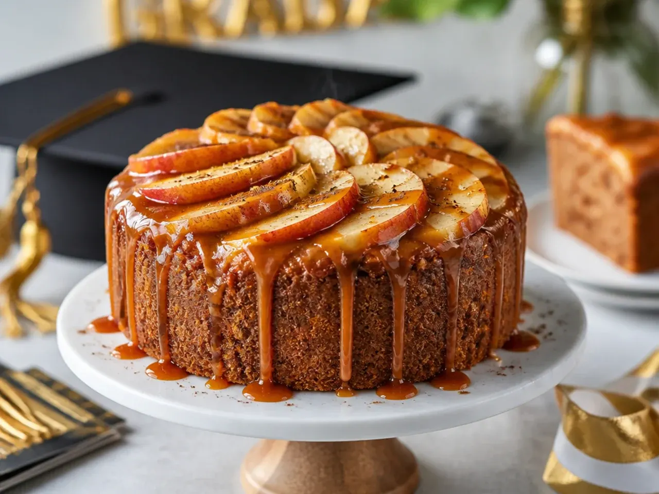 Spiced apple cake with caramel sauce dripping down white buttercream