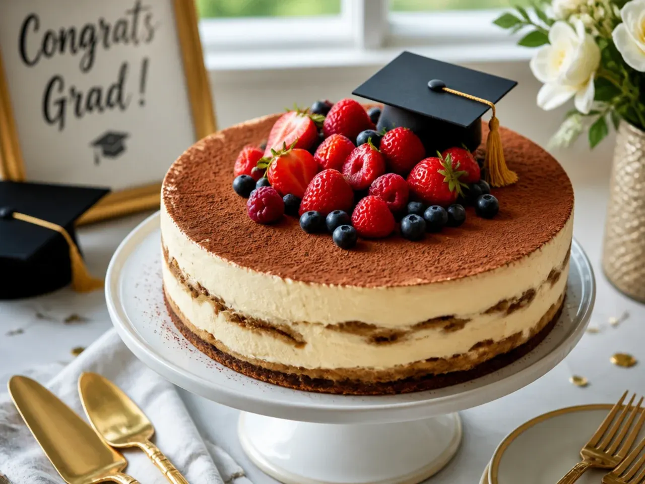 Coffee-soaked layer cake with mascarpone frosting and a cocoa-dusted graduation cap stencil on top