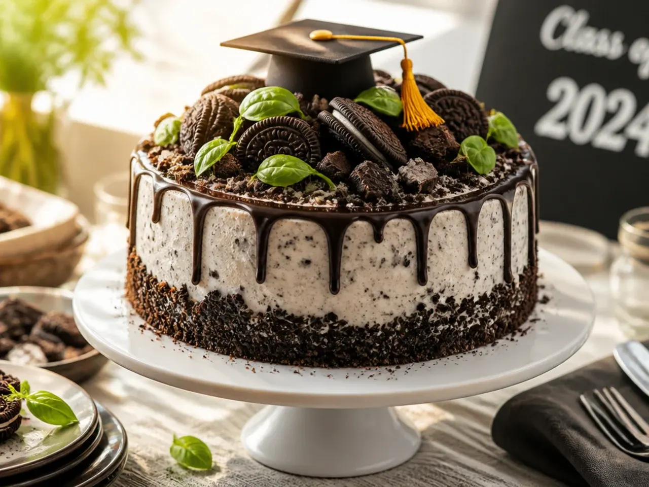 Cookies-and-cream layer cake with crushed Oreo pieces and whole cookies around the base