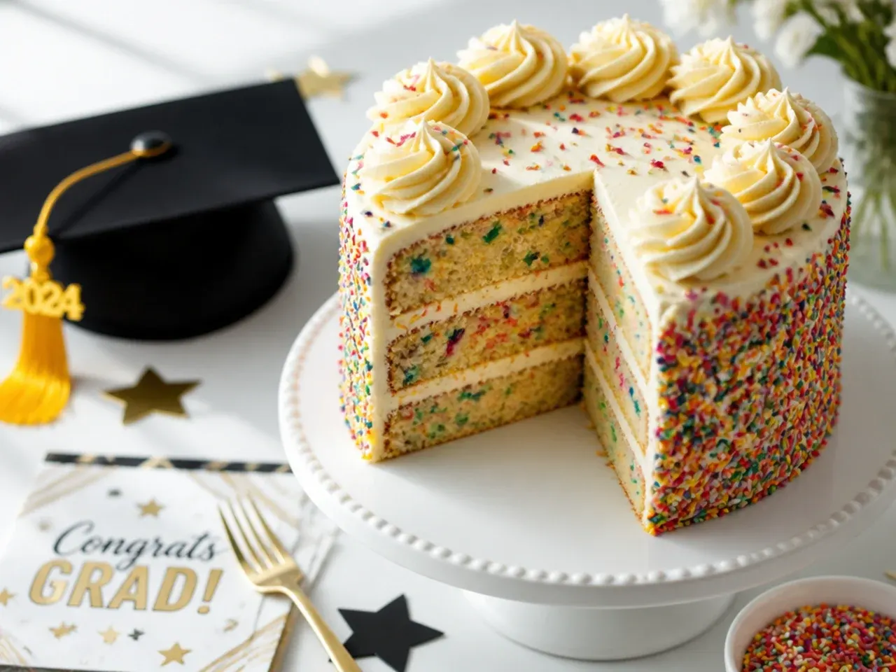 Elegant funfetti cake with fine sprinkles and smooth vanilla bean buttercream