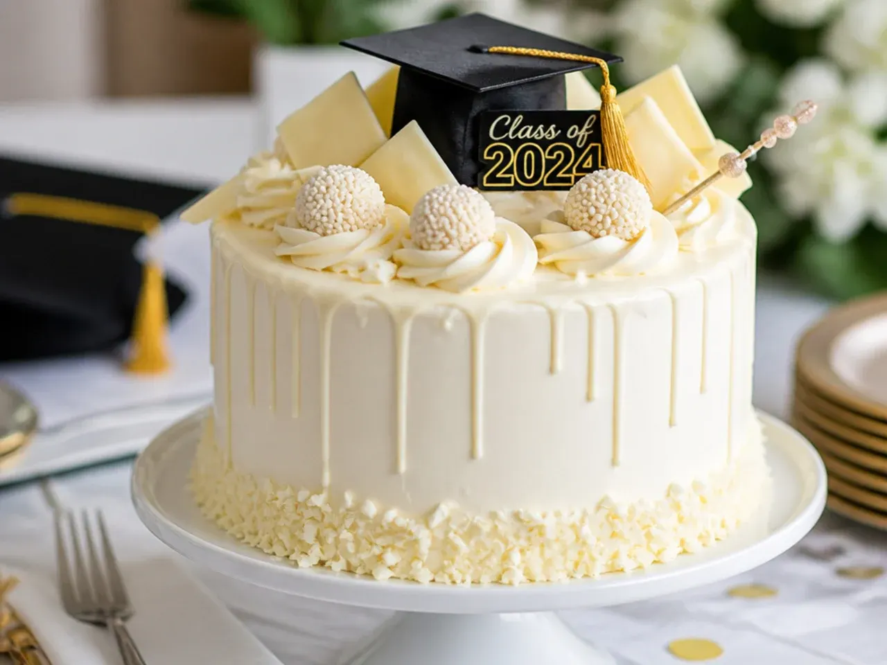 White chocolate drip cake over cream cheese frosting with gold star decorations