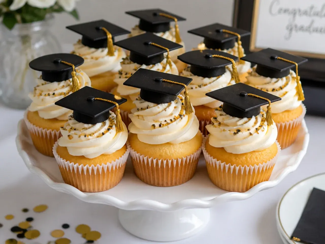Tray of simply swirled vanilla cupcakes with a single star sprinkle on each