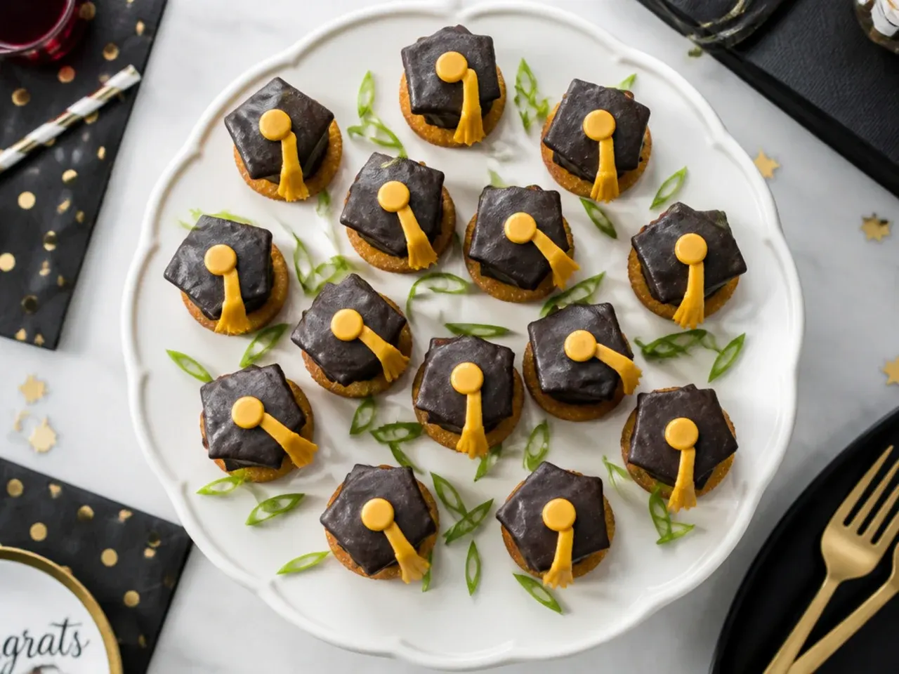 Cake pops shaped and decorated as miniature graduation caps on a stand