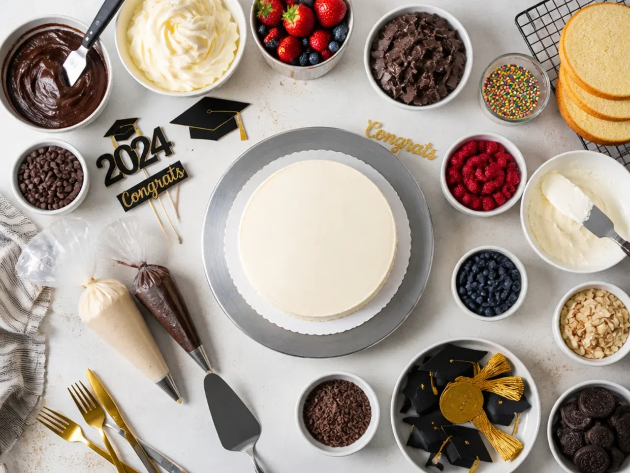 Kitchen scale weighing flour and butter next to gel food colouring pots for cake decorating