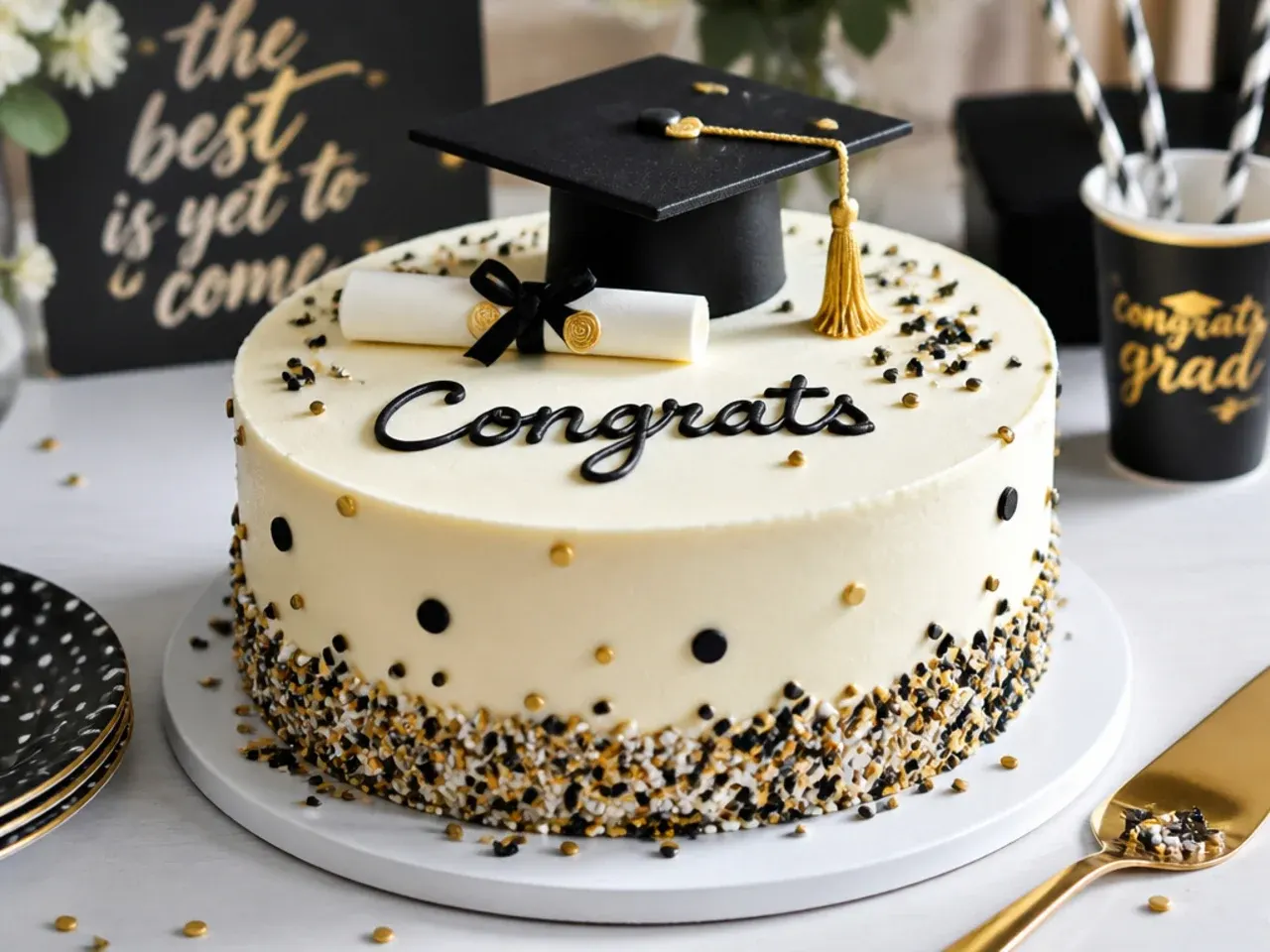 Sliced graduation sheet cake served on paper plates alongside a fruit platter