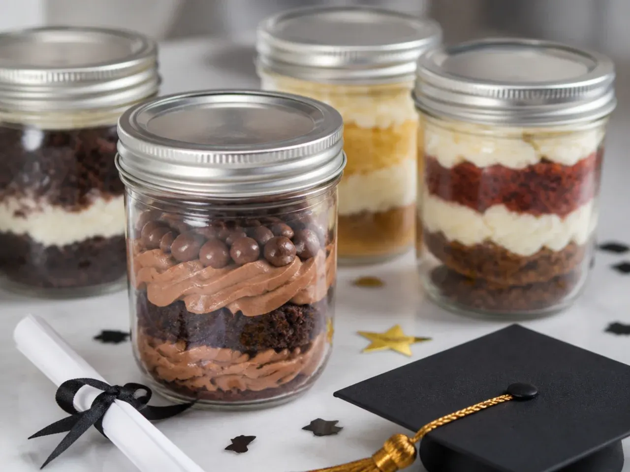 Decorated graduation cake stored under a glass cake dome on the kitchen counter