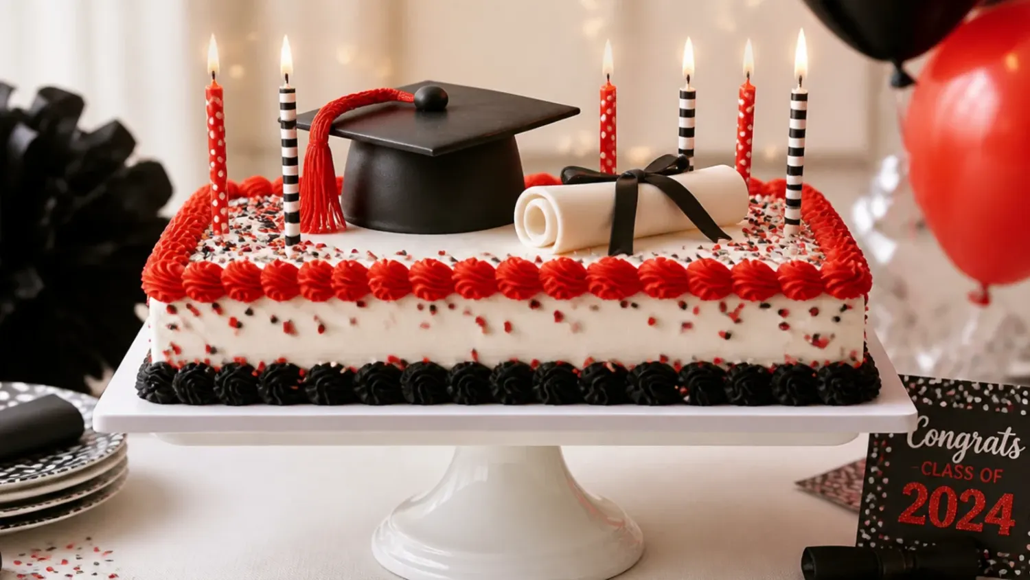 Rectangular sheet cake iced in navy and gold buttercream with a fondant graduation cap and diploma scroll topper, sliced into squares on a party table