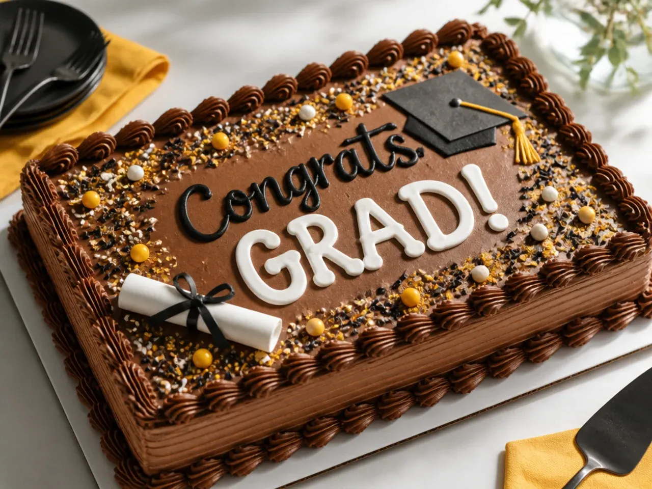 Overhead view of a rectangular sheet cake decorated with school-colour buttercream and a graduation cap topper on a party table