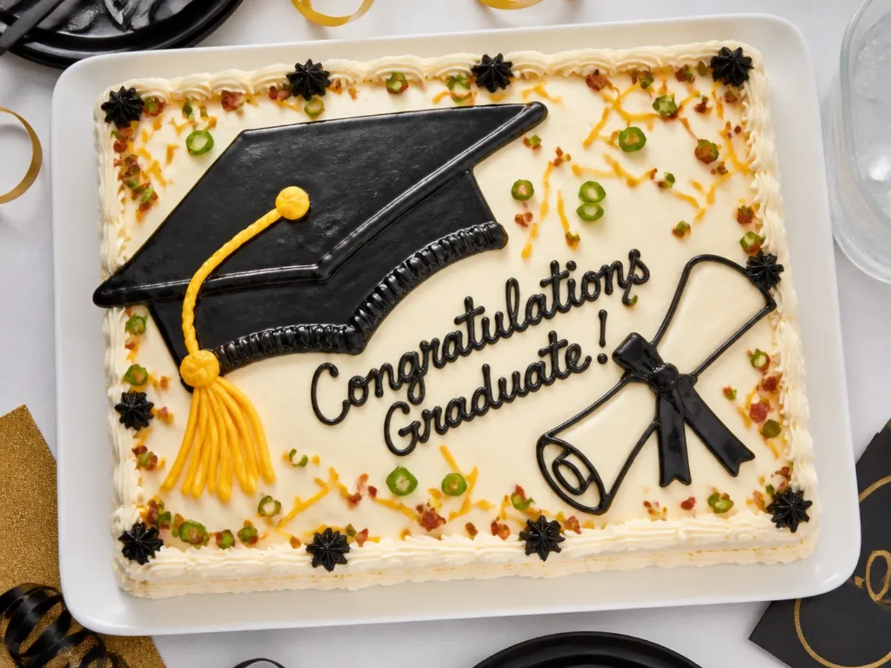 Sheet cake with a fondant graduation cap, tassel and diploma scroll topper in navy and gold