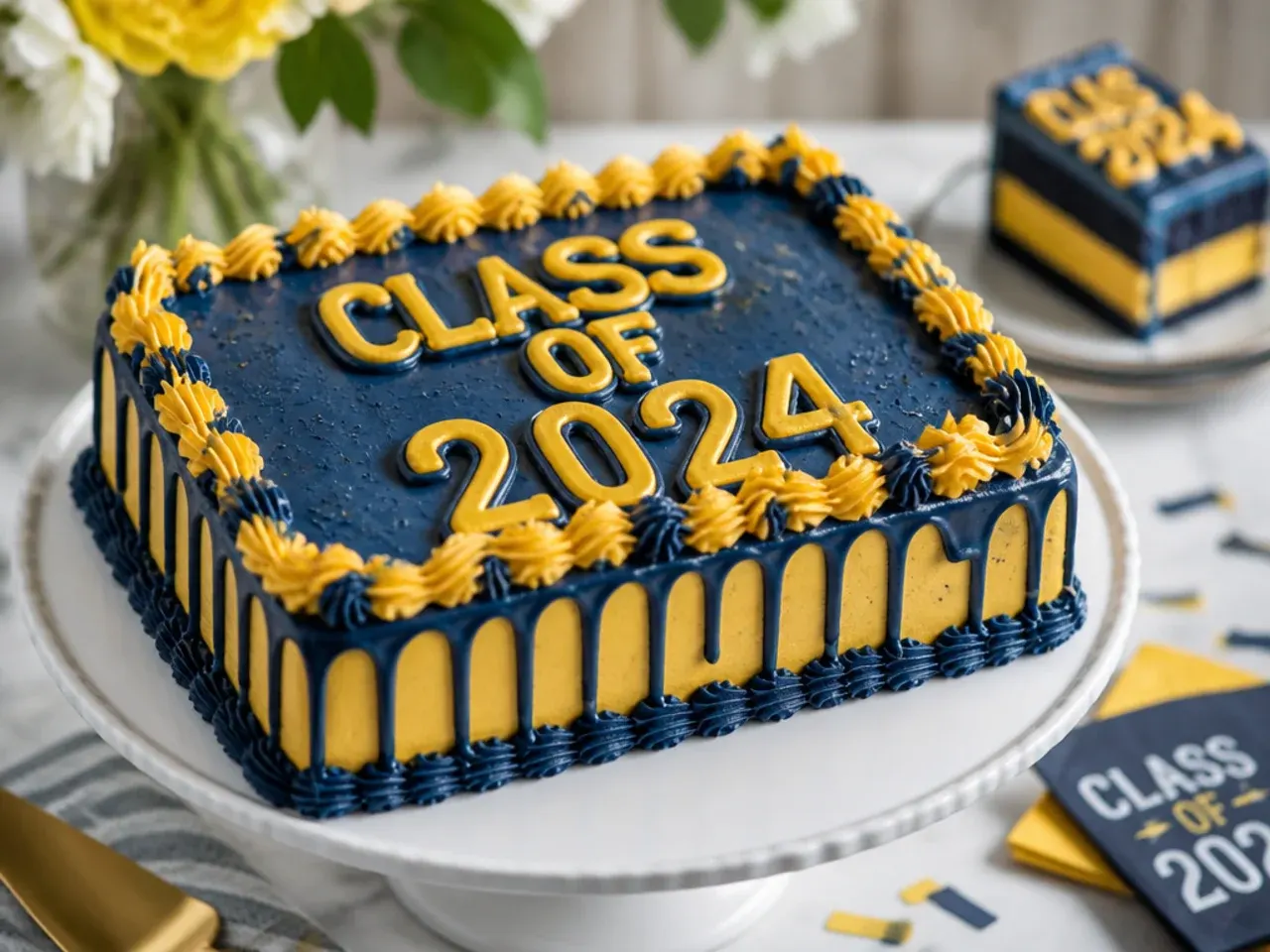 Sheet cake split into two school-colour halves with a piped graduation year across the centre seam